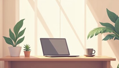Fototapeta premium Minimalist desk with laptop and plants in natural light
