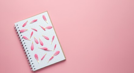 Pink petals on spiral notebook with graph paper on pastel pink background with copy space