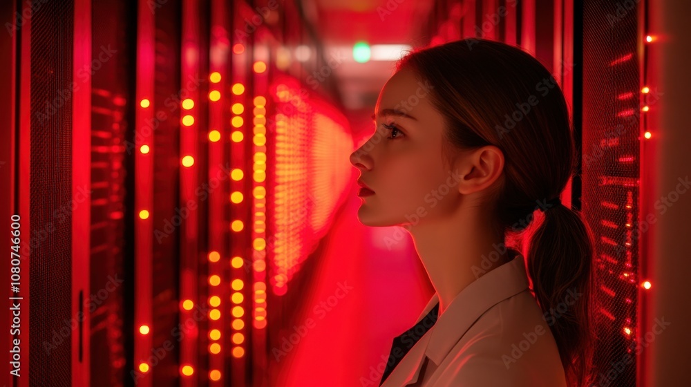 Poster profile of a young female scientist in a server room bathed in red lights, expressing connection wit