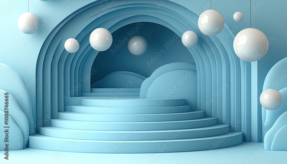 Poster minimalist blue platform with orbs. ideal for showcasing products or displaying text.