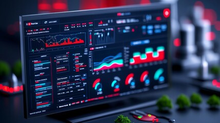 Obraz premium The foreground of the wind turbine shows a detailed energy data analytics dashboard with real-time statistics and graphs for effective power production monitoring.