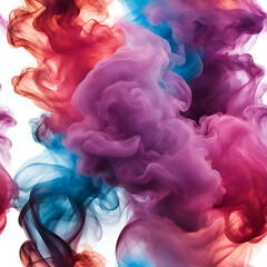 Fototapeta premium Vibrant clouds of colorful ink swirling in water, creating a mesmerizing mix of red, blue, and purple hues against a white background.