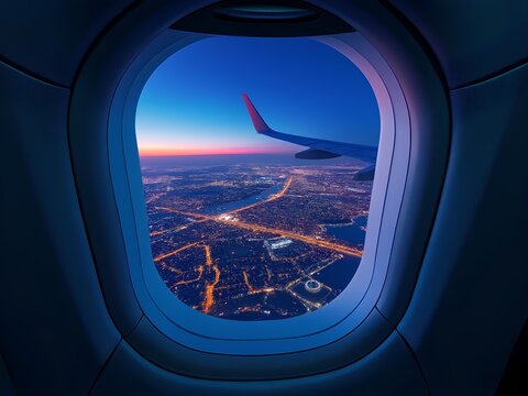 Fototapeta Aeroplane window, looking out into the beautiful city night view, air travel, vacation, holiday