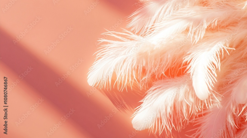 Poster delicate white feathers float gracefully against a soft peach background, creating an ethereal and d
