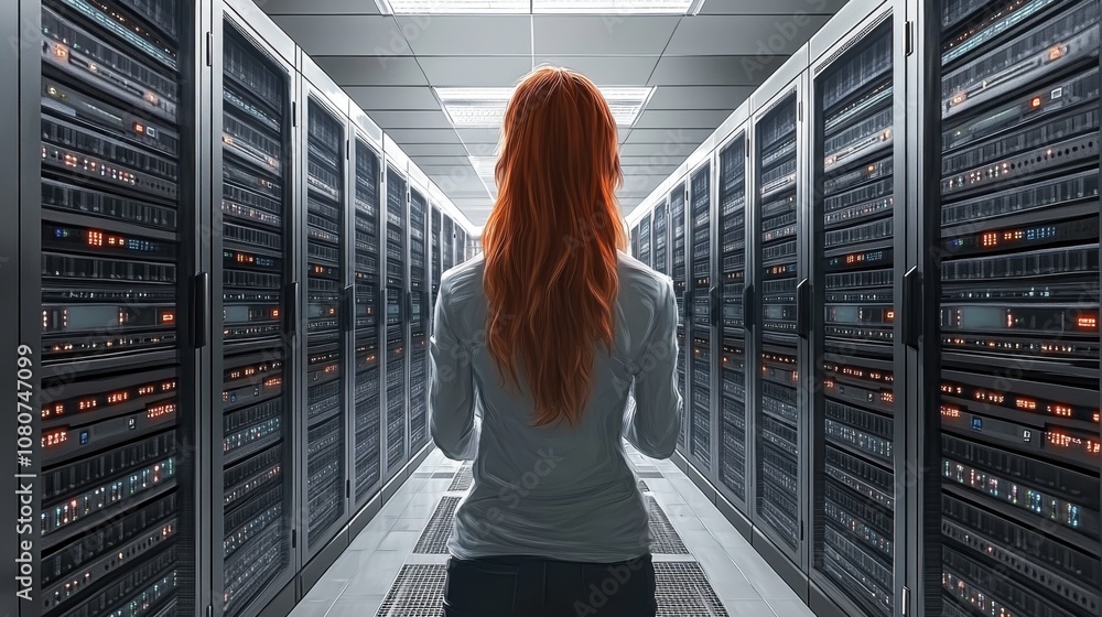 Aufkleber a young woman in a server room exploring the technology and data management systems with high-tech s