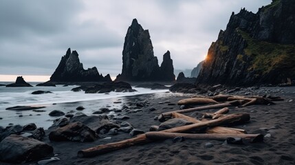 Dramatic Icelandic Seascape with Black Sand Beach