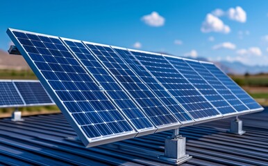 Obraz premium A close-up of blue solar panels reflecting light, representing sustainable power and renewable energy