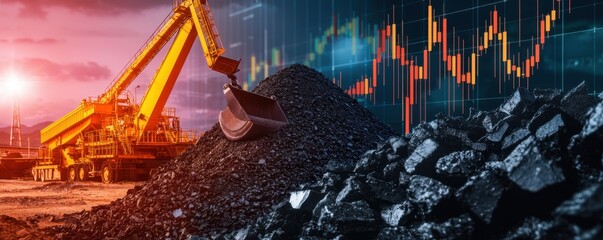 energy stock fossil. The image features a construction site with a yellow excavator, piles of coal, and a digital graph showing market trends, symbolizing the intersection of industry and finance.