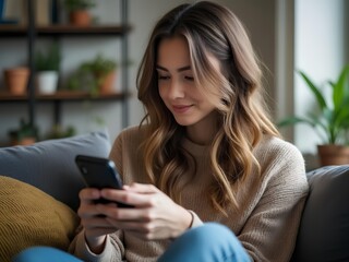 Caucasian white woman using, looking, swiping the mobile phone in a living room. Entertainment, gaming, communicating, productivity, working with mobile phone.