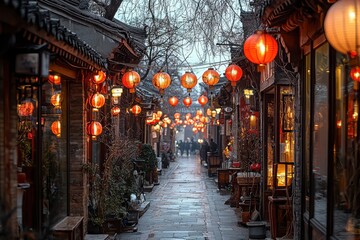 Fototapeta premium Discover the enchanting beauty of beijing's hutong alley adorned with vibrant lanterns