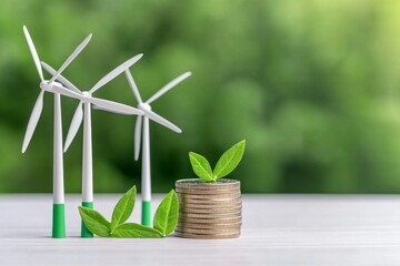 An image of a growing money plant and turbine surrounded by coins with an alternative energy economic growth concept. Return on investment of renewable clean energy for sustainability.