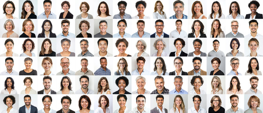 People - a grid of 84 unique square headshots of a variety of diverse, smiling, friendly people in a corporate, business casual style - 2 of 2 in a set