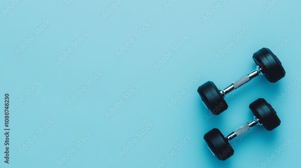 Poster two black dumbbells are lying on a light blue background, creating a simple yet powerful image repre