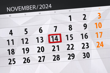 Obraz premium Calendar 2024, deadline, day, month, page, organizer, date, November, thursday, number 14