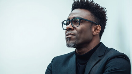 Obraz premium Portrait of a contemplative man with glasses, dark curly hair, and a trimmed beard, wearing a dark suit and standing against a light-colored background.