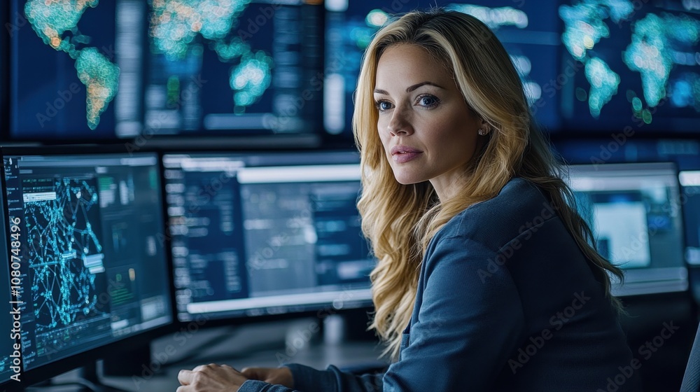 Aufkleber young woman working in a modern control room, analyzing digital data and global connections on multi