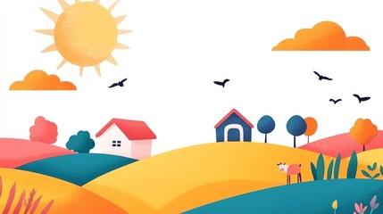 This watercolor invitation card features a vibrant farm landscape with a bright sun grazing animals and cozy homes perfect for a cheerful birthday celebration in the countryside.