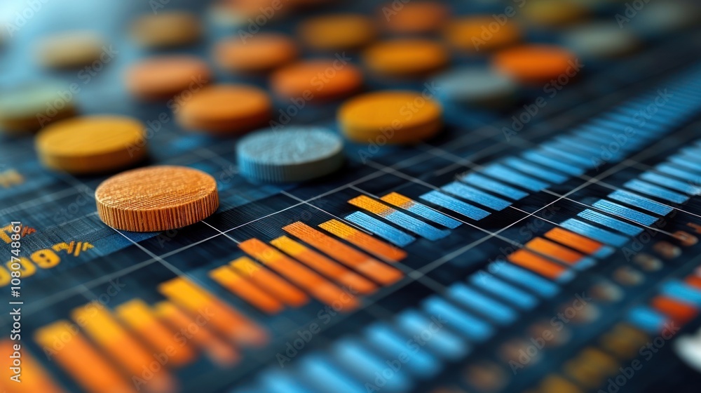 Poster colorful data visualization with charts and tokens for analysis.