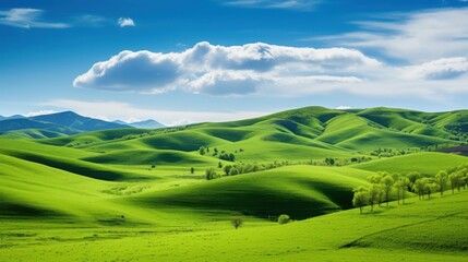 Fototapeta premium Lush green hills and a winding river create a breathtaking landscape.