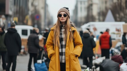Obraz premium A fashion model stands confidently in a bustling street, her style striking against the urban backdrop, embodying modernity and individuality.