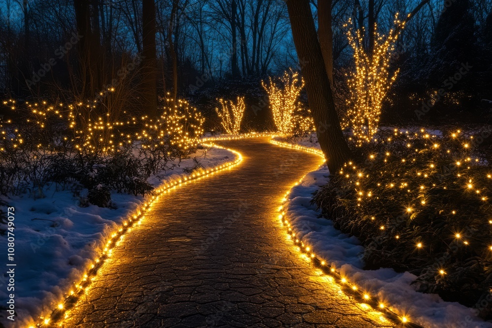 Poster a magical winter scene featuring a winding path adorned with glowing lights, surrounded by snow and 