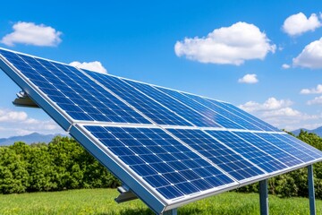 Renewable energy is harnessed by a solar panel installed atop a roof, surrounded by lush greenery.