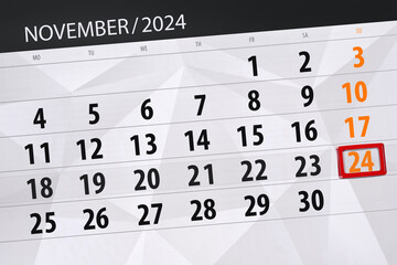 Fototapeta premium Calendar 2024, deadline, day, month, page, organizer, date, November, sunday, number 24