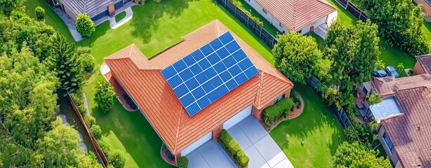 The golden hour of sunlight over solar panels on a suburban rooftop is a perfect example of renewable energy solutions, modern and warm.