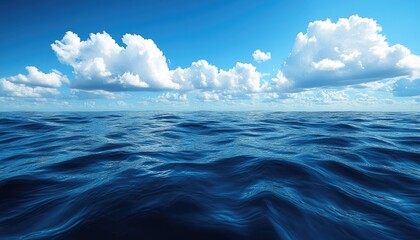 Obraz premium Blue ocean with white clouds. A serene seascape with calm blue waves.