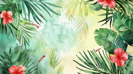 A painting of a tropical scene with green leaves and red flowers. The flowers are in the foreground and the leaves are in the background. The painting has a bright and lively mood