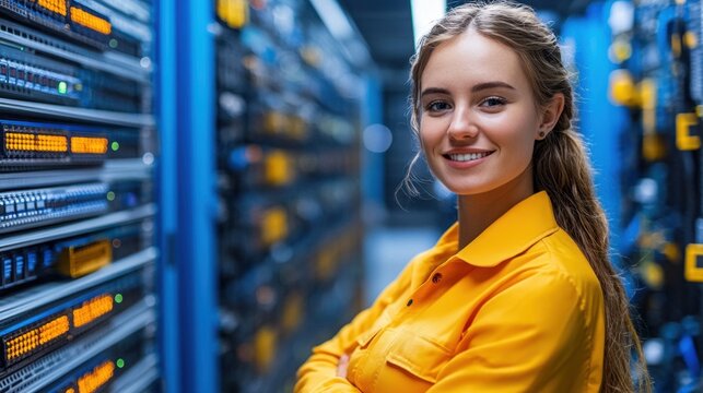 Young woman in a bright yellow shirt smiles confidently in a modern data center surrounded by servers and technology, showcasing her expertise in IT and networking.
