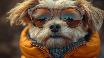 A stylish dog wearing sunglasses and a cozy jacket.