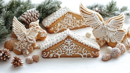 Beautifully Decorated Gingerbread Cookies with Pine Cones and Greenery
