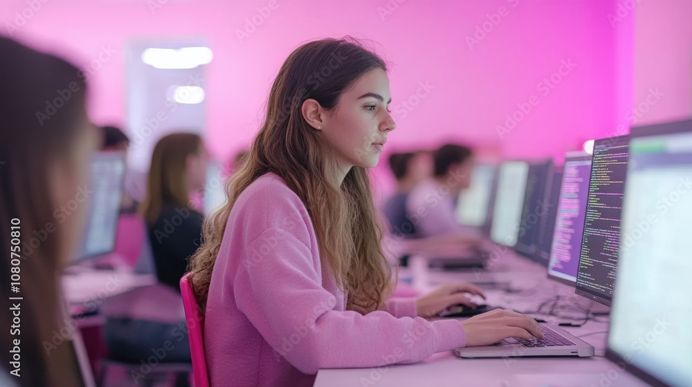 Poster young woman focused on coding at a computer in a vibrant, modern workspace with pink lighting, showc