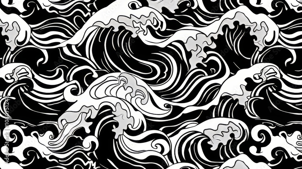 Poster a seamless pattern of black and white waves, offering a dynamic backdrop for designs