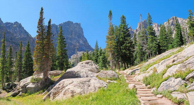 A Panorama Image of the trail and Stairs on the Trail to Emerald Lake Rocky Mountain National Park