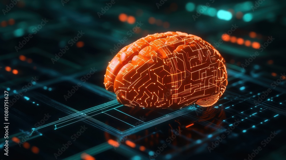 Poster a futuristic digital brain with a circuit pattern, symbolizing technology and artificial intelligenc