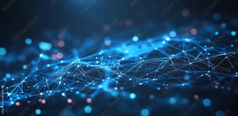 Poster an abstract digital space linking waveforms with high-tech dots. concept for future digital technolo