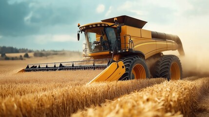 Obraz premium Large yellow combine harvester working in a wheat field under a blue sky, emphasizing modern agricultural machinery and farming landscape.