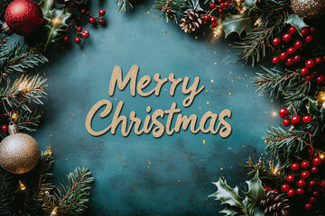 Merry Christmas Text with Pine Tree Decorations Framing the Scene