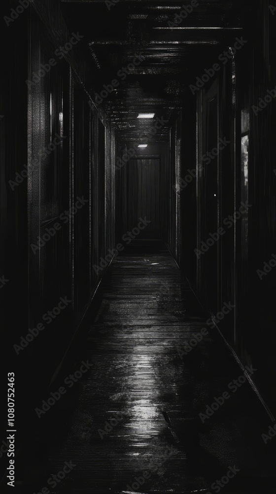 Poster a dark hallway with a light shining down on it. the hallway is empty and the only light is coming fr