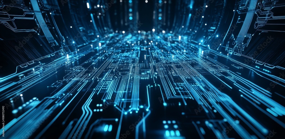 Poster illustration of a futuristic horizontal digital space with digital grid and circuit for hi-tech adve