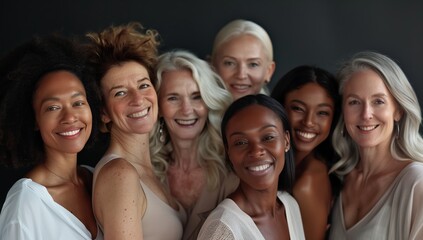 Obraz premium A vibrant group of diverse women celebrate beauty, friendship, empowerment, solidarity, positivity, and harmony, embodying joy and connection in a heartwarming display of togetherness and support