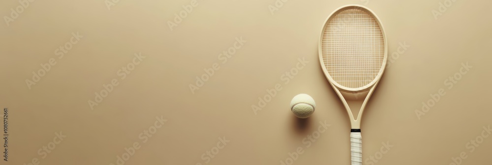 Poster Wooden tennis racket and ball lying on a beige background creating a stylish and minimalist composition, perfect for sport and leisure related designs