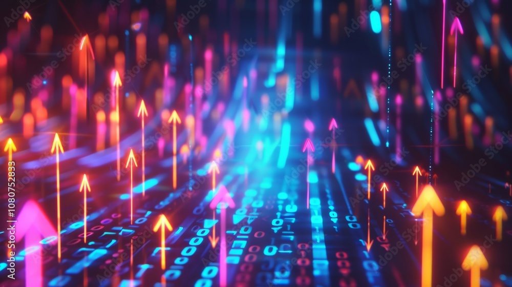 Poster a dynamic background with glowing lines and arrows moving upwards, signaling progress and growth in 
