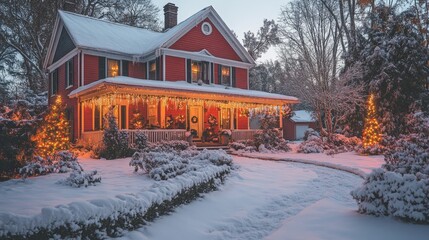 Charming Winter Wonderland: A Festively Lit Home Amidst Fresh Snow