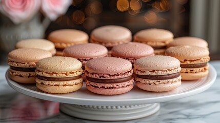 Close-up of a Plate of Colorful Macarons with Chocolate Filling