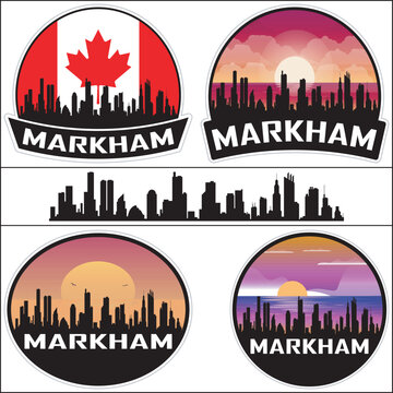 Markham Canada Flag Skyline Cityscape Silhouette Travel Souvenir Sticker Isolated Vector