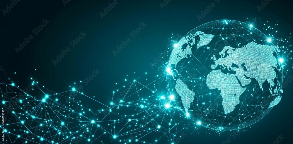 Poster this image depicts a futuristic neon blue globe with a digital circuit curve backdrop that is common