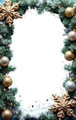 Festive Christmas frame with pine branches, golden ornaments, snowflakes, and warm lights. Perfect for holiday-themed designs or greeting cards, on a transparent background.

